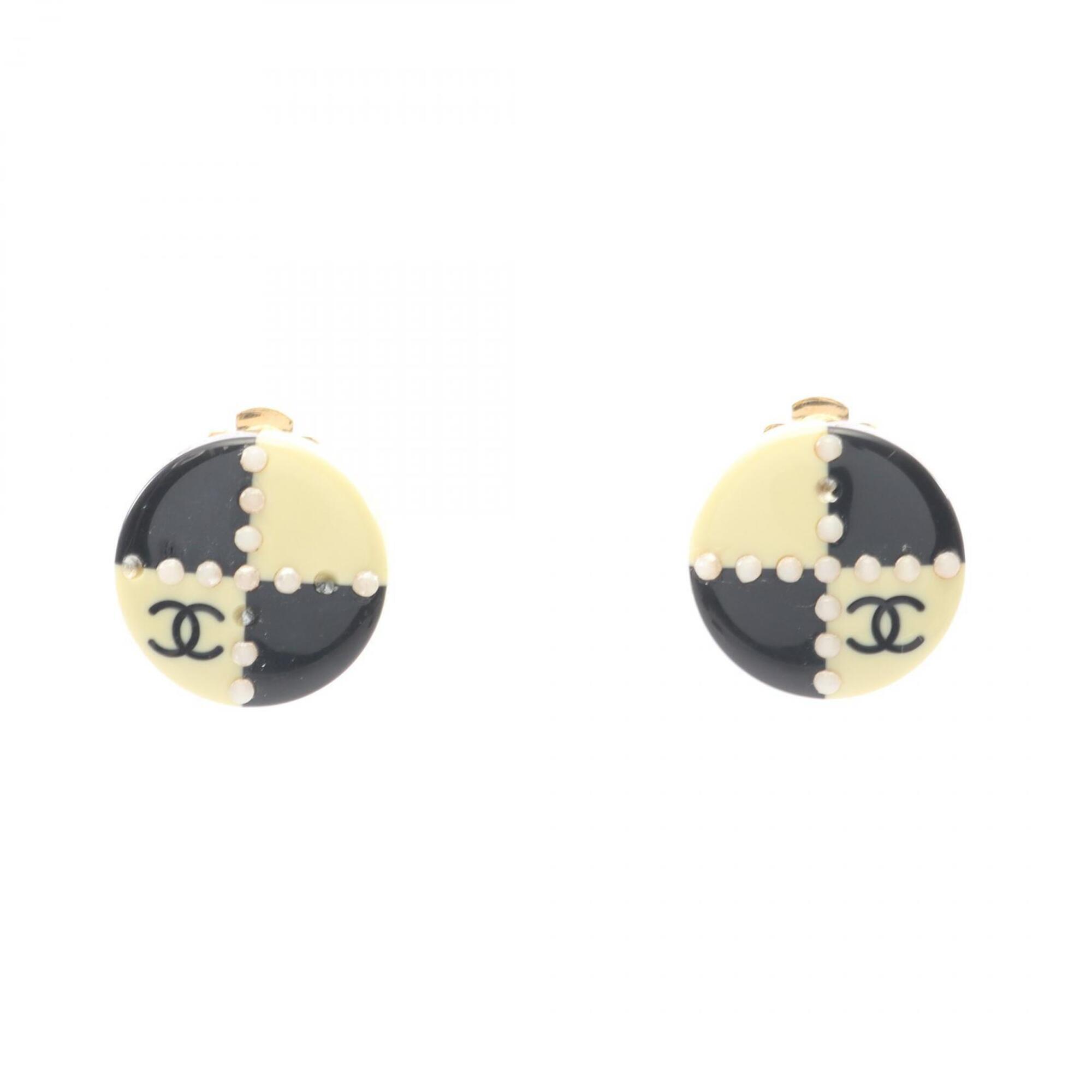 Chanel Coco Mark Earrings, Gold Plated (Gp), Plastic, Women's, White, Black,